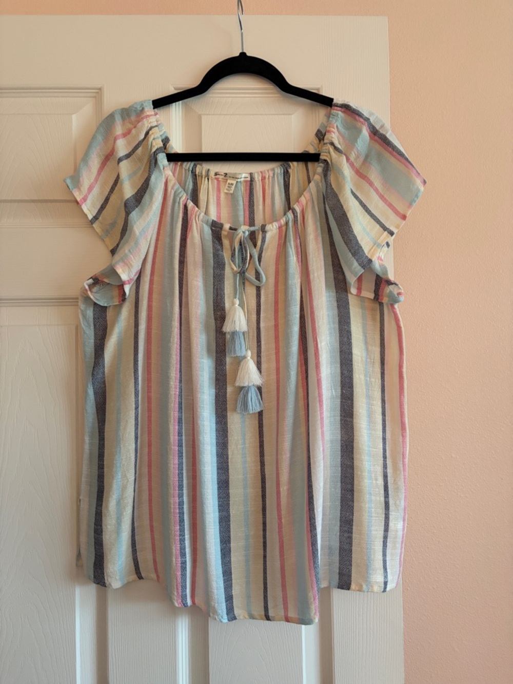 Seven7 Pastel Multi-Stripe Tassel Peasant Top